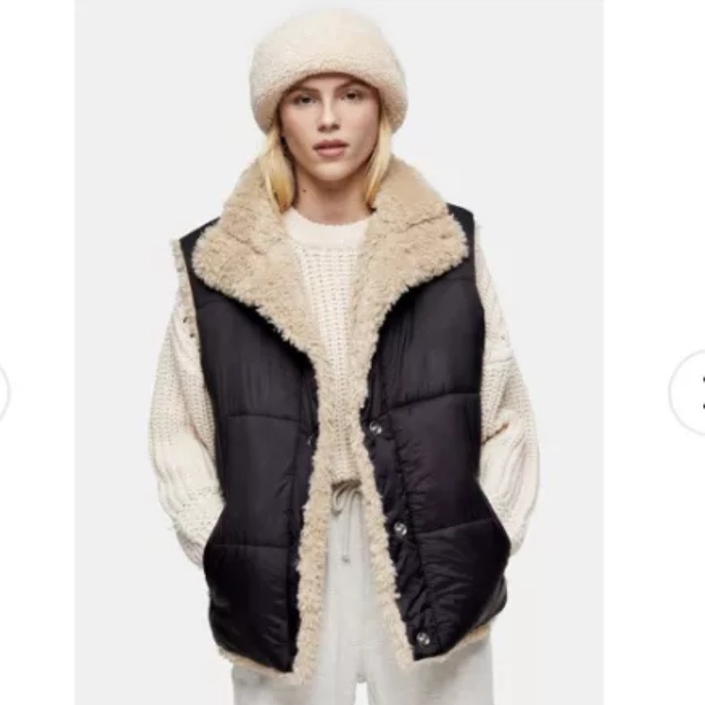 Topshop puffer vest jacket with reversible sherpa lining in black sz M